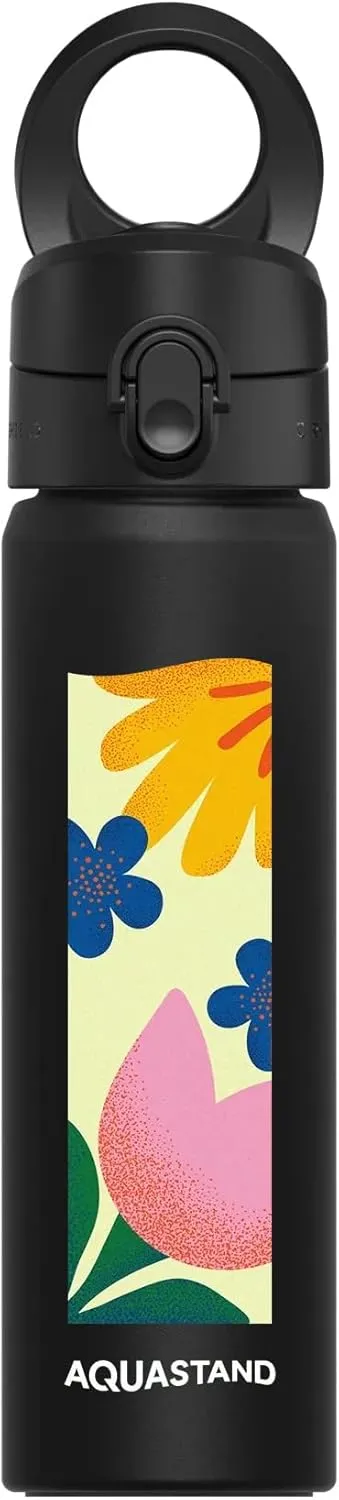 RHINOSHIELD AquaStand Magnetic Bottle 23 oz | Stainless Steel Insulated Sport Bottle with straw, with MagSafe Handle, Adjustable Tripod, Leak-Proof - Black - [Flowers in the Window]