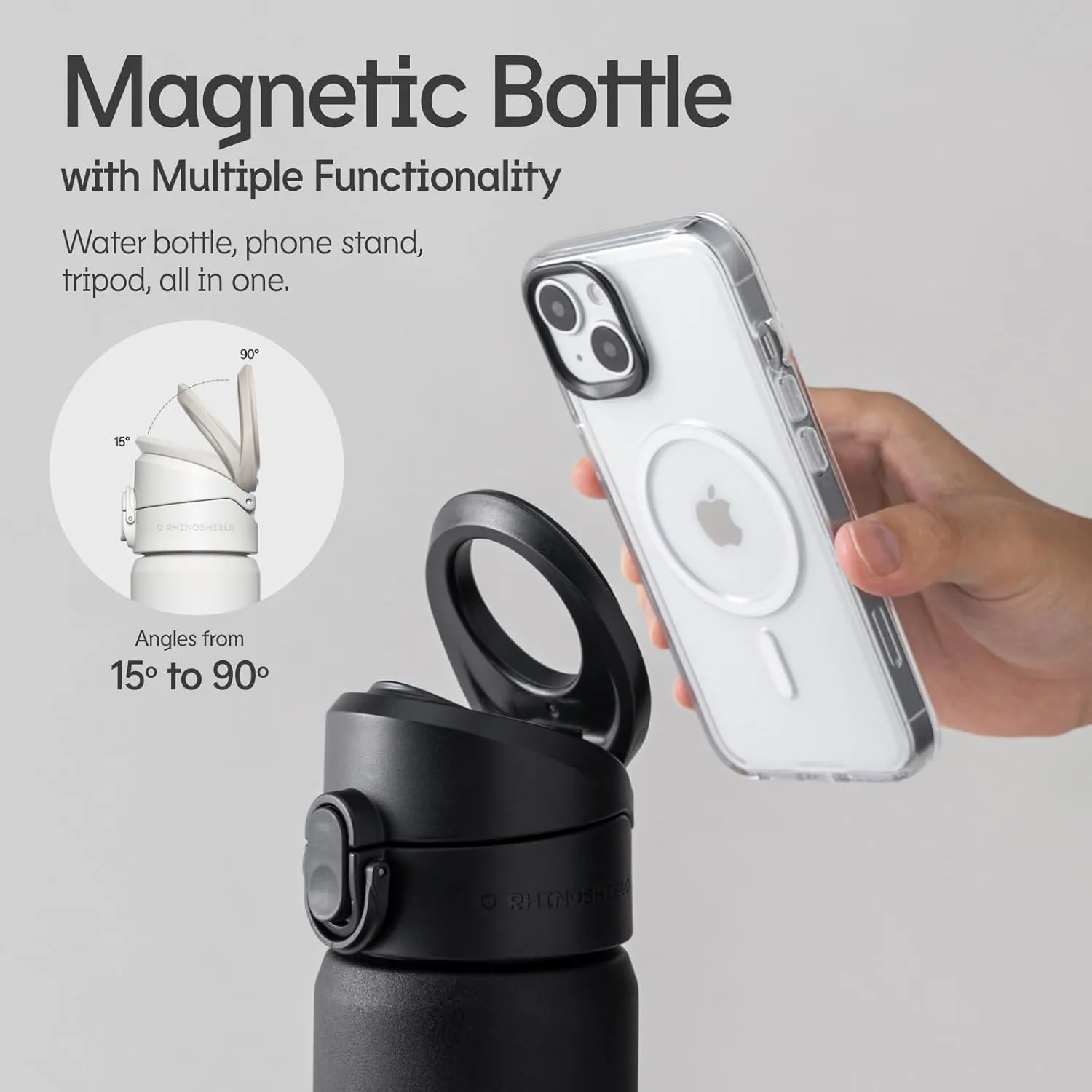 RHINOSHIELD AquaStand Magnetic Bottle 23 oz | Stainless Steel Insulated Sport Bottle with straw, with MagSafe Handle, Adjustable Tripod, Leak-Proof - Black - [Flowers in the Window]
