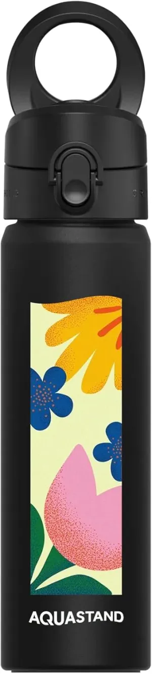 RHINOSHIELD AquaStand Magnetic Bottle 23 oz | Stainless Steel Insulated Sport Bottle with straw, with MagSafe Handle, Adjustable Tripod, Leak-Proof - Black - [Flowers in the Window]