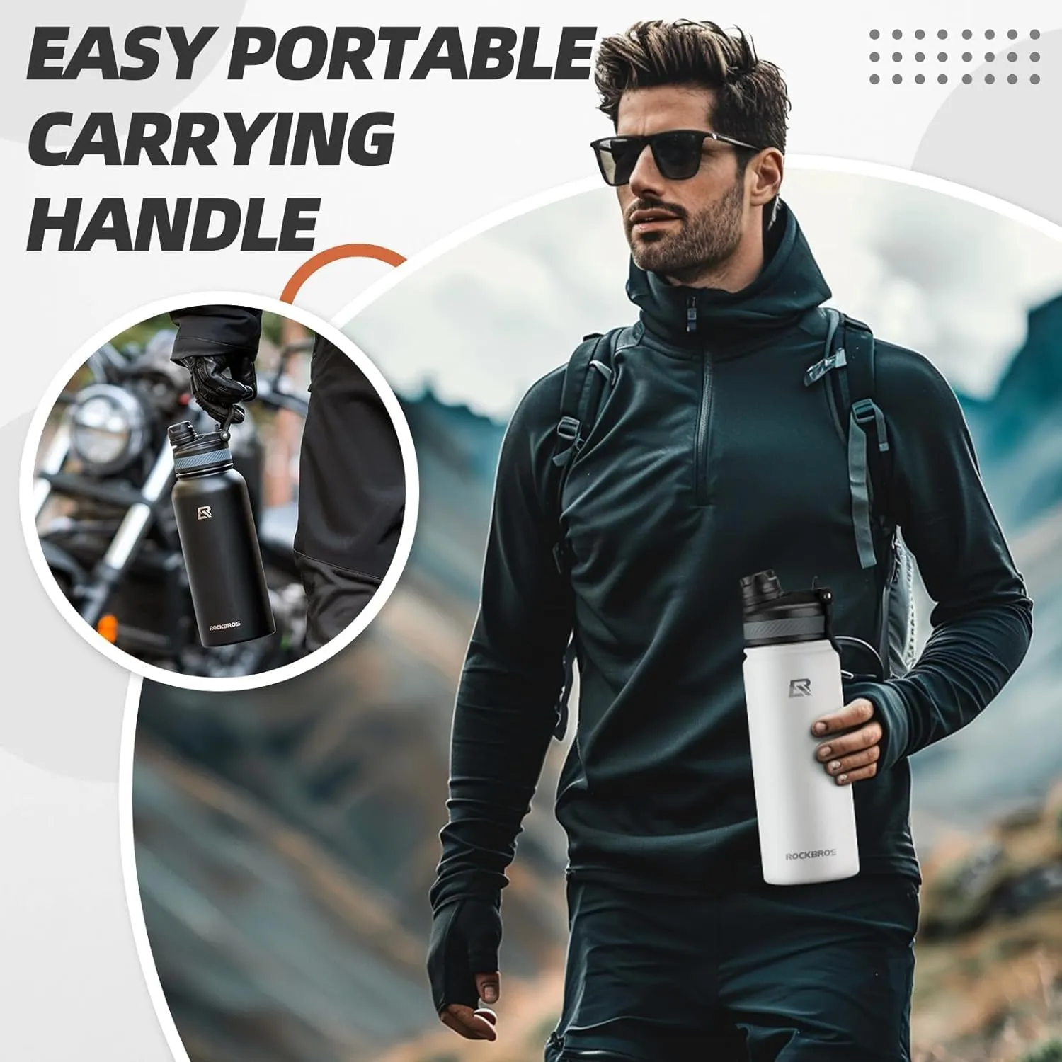 ROCKBROS Insulated Water Bottle with Straw, Stainless Steel Sports Water Cup Flask Leak Proof with Handle Keep Warm and Cold for Hiking, Cycling, Bike Travel, School Sports, Gym