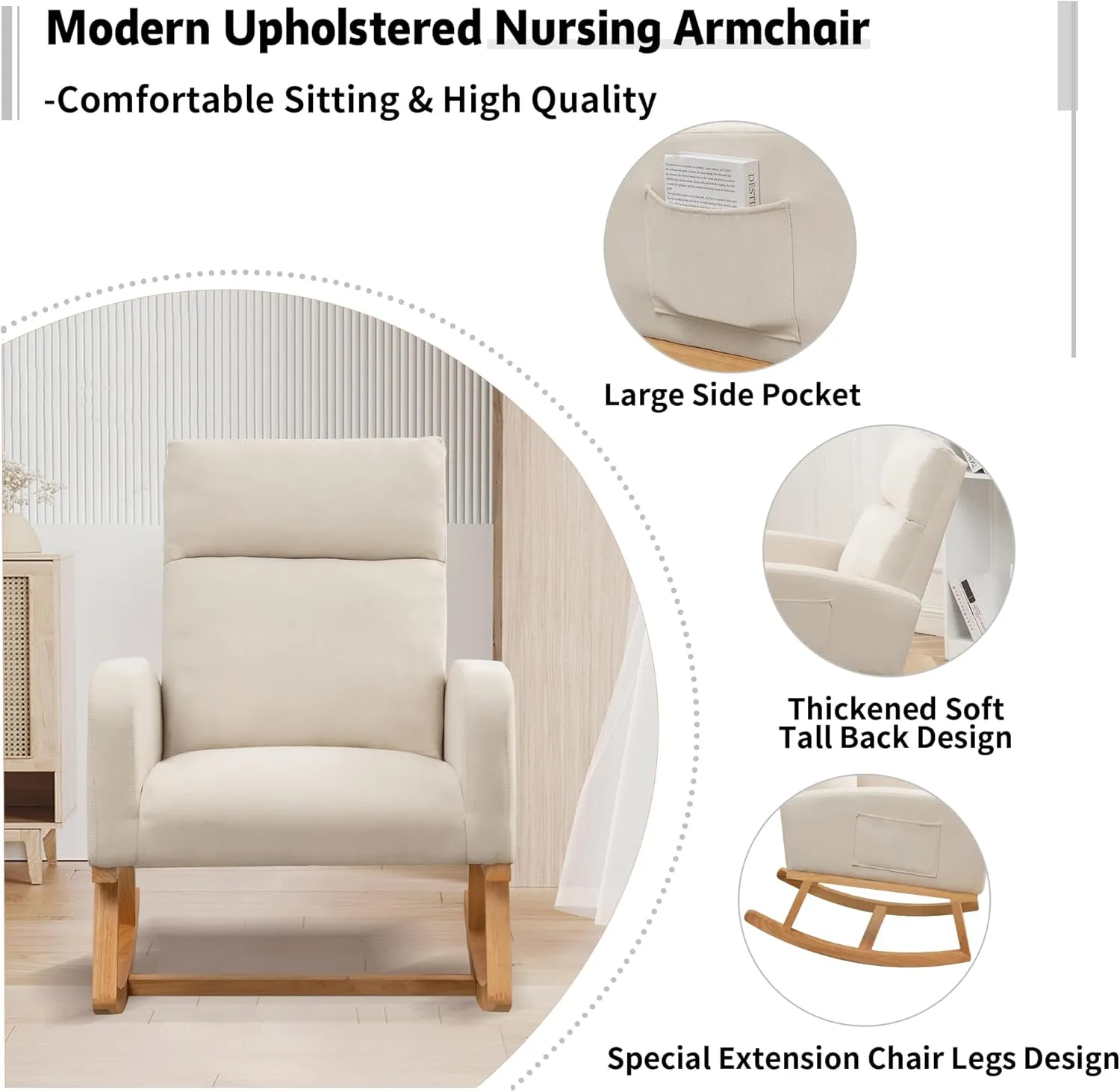 Rocking Chair Nursery, Upholstered Fabric Glider Rocking Nursing Chair with Extended Wood Legs & Side Pocket, Comfy Nursery Chair for Living Room, Bedroom, Beige