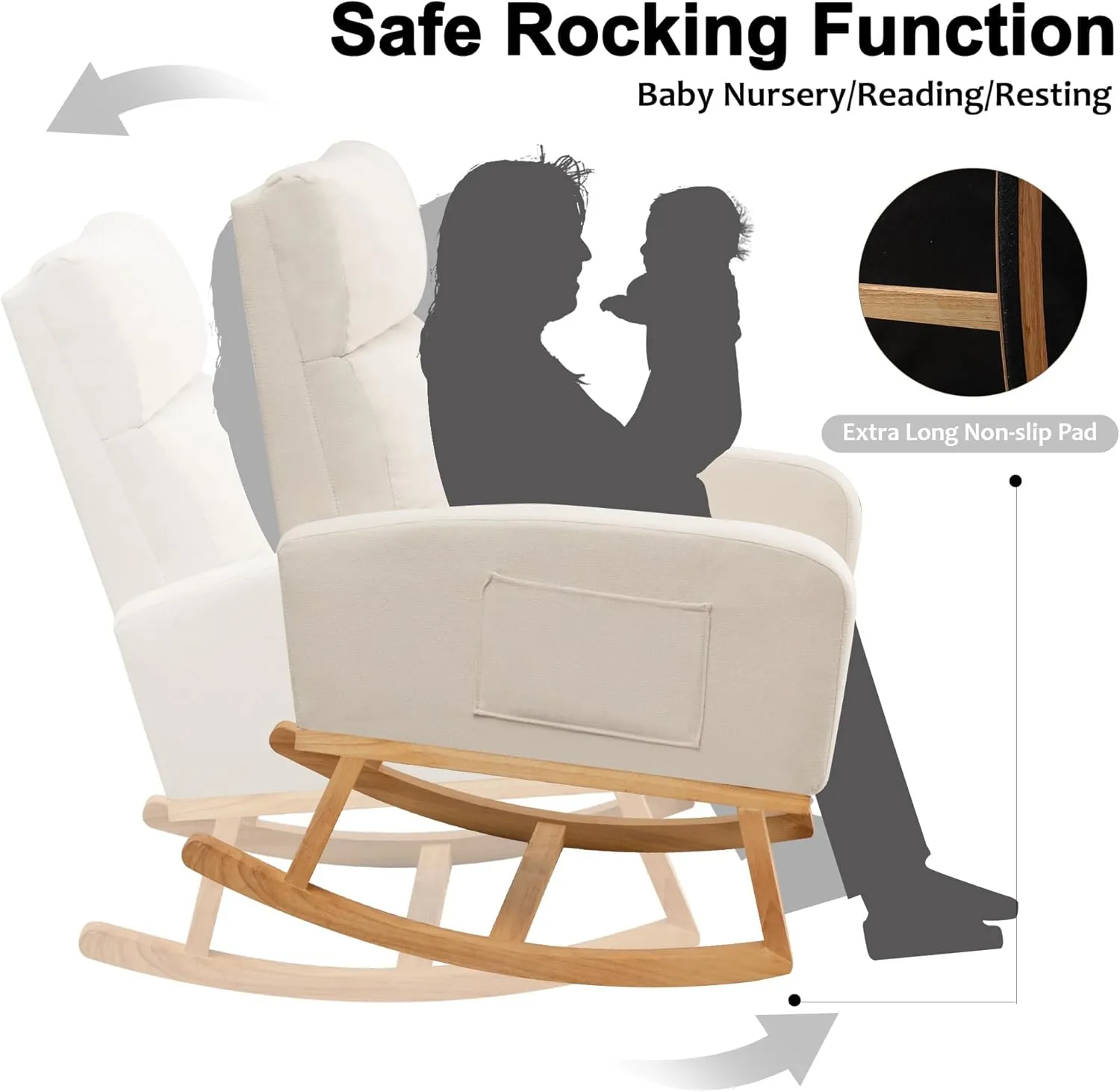 Rocking Chair Nursery, Upholstered Fabric Glider Rocking Nursing Chair with Extended Wood Legs & Side Pocket, Comfy Nursery Chair for Living Room, Bedroom, Beige