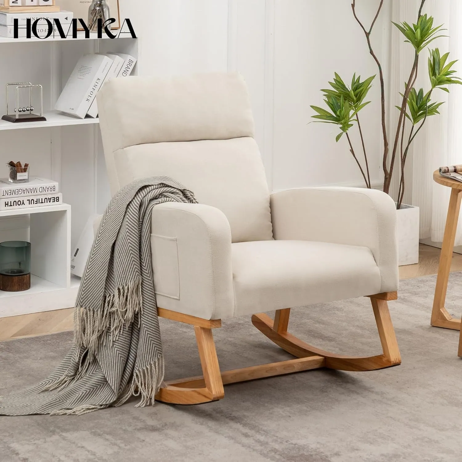 Rocking Chair Nursery, Upholstered Fabric Glider Rocking Nursing Chair with Extended Wood Legs & Side Pocket, Comfy Nursery Chair for Living Room, Bedroom, Beige