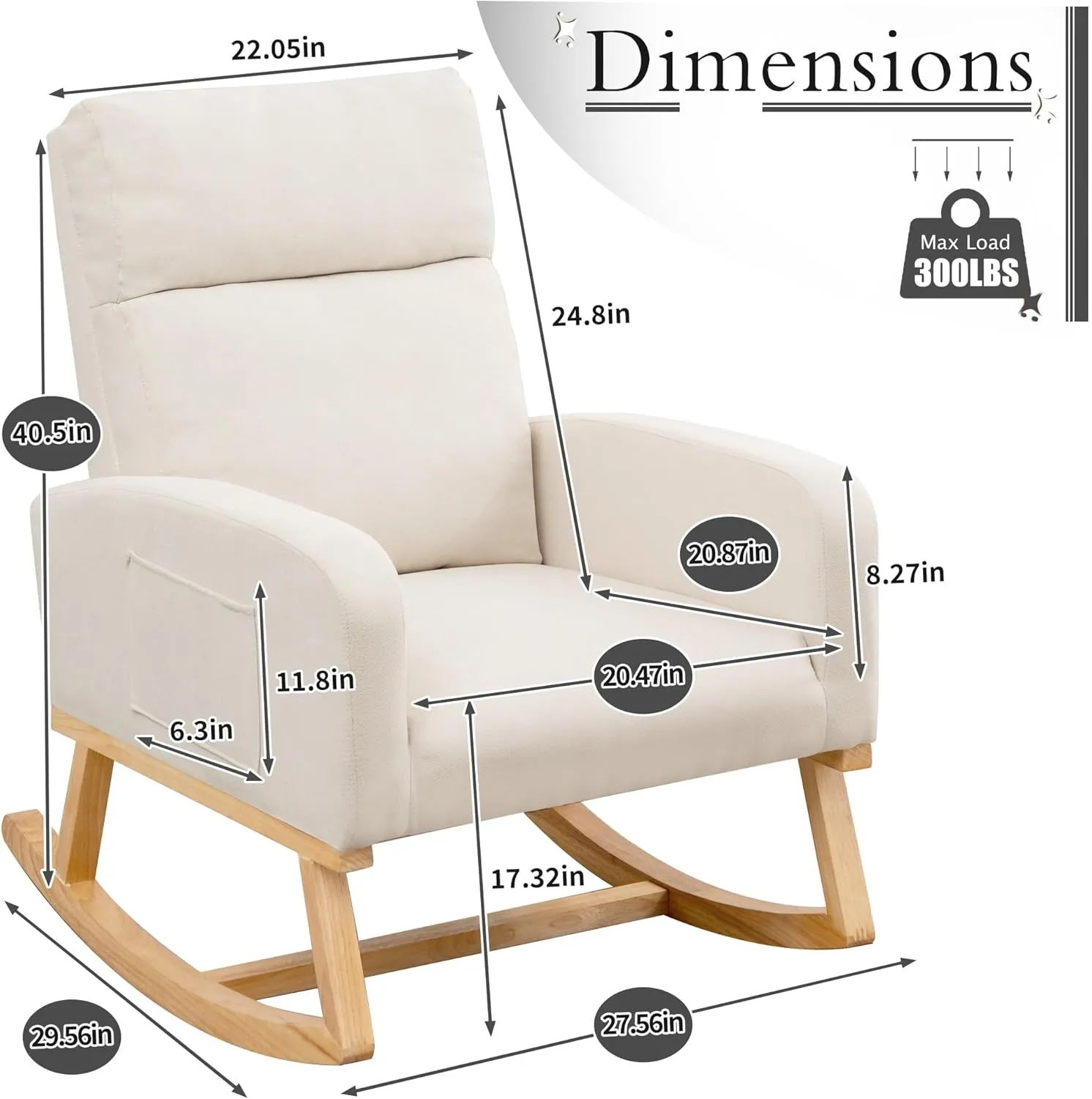 Rocking Chair Nursery, Upholstered Fabric Glider Rocking Nursing Chair with Extended Wood Legs & Side Pocket, Comfy Nursery Chair for Living Room, Bedroom, Beige
