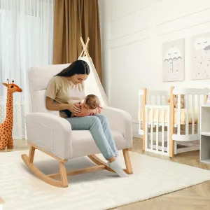 Rocking Chair Nursery, Upholstered Fabric Glider Rocking Nursing Chair with Extended Wood Legs & Side Pocket, Comfy Nursery Chair for Living Room, Bedroom, Beige