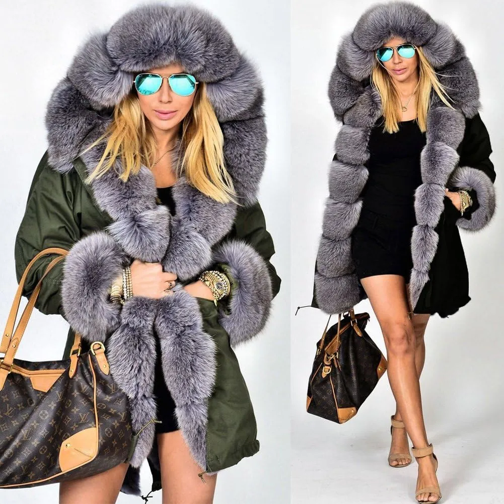 Roiii Women Thicken Warm Winter Coat Hood Down Parka Fleece Fur Outdoor Overcoat Long Jacket Outwear