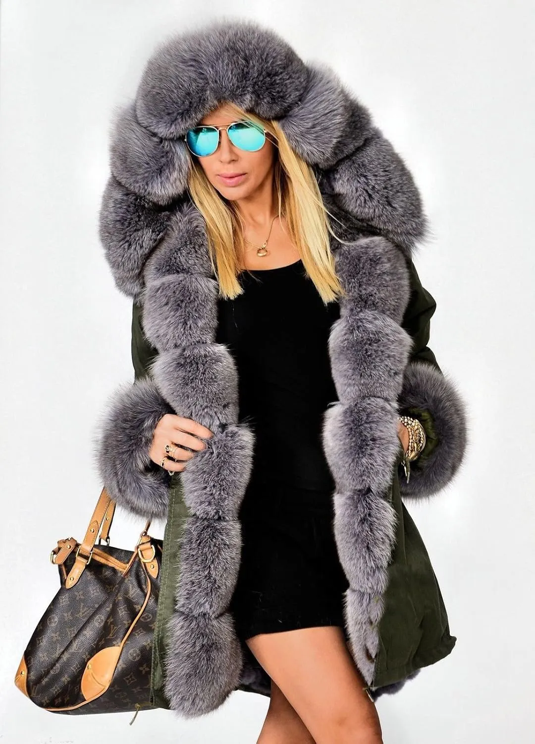 Roiii Women Thicken Warm Winter Coat Hood Down Parka Fleece Fur Outdoor Overcoat Long Jacket Outwear