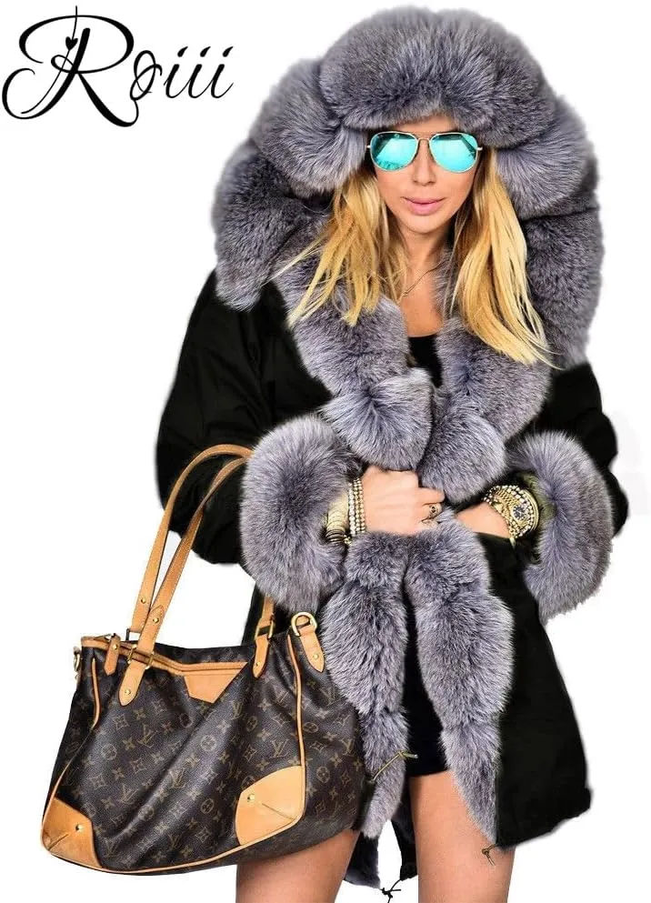 Roiii Women Thicken Warm Winter Coat Hood Down Parka Fleece Fur Outdoor Overcoat Long Jacket Outwear
