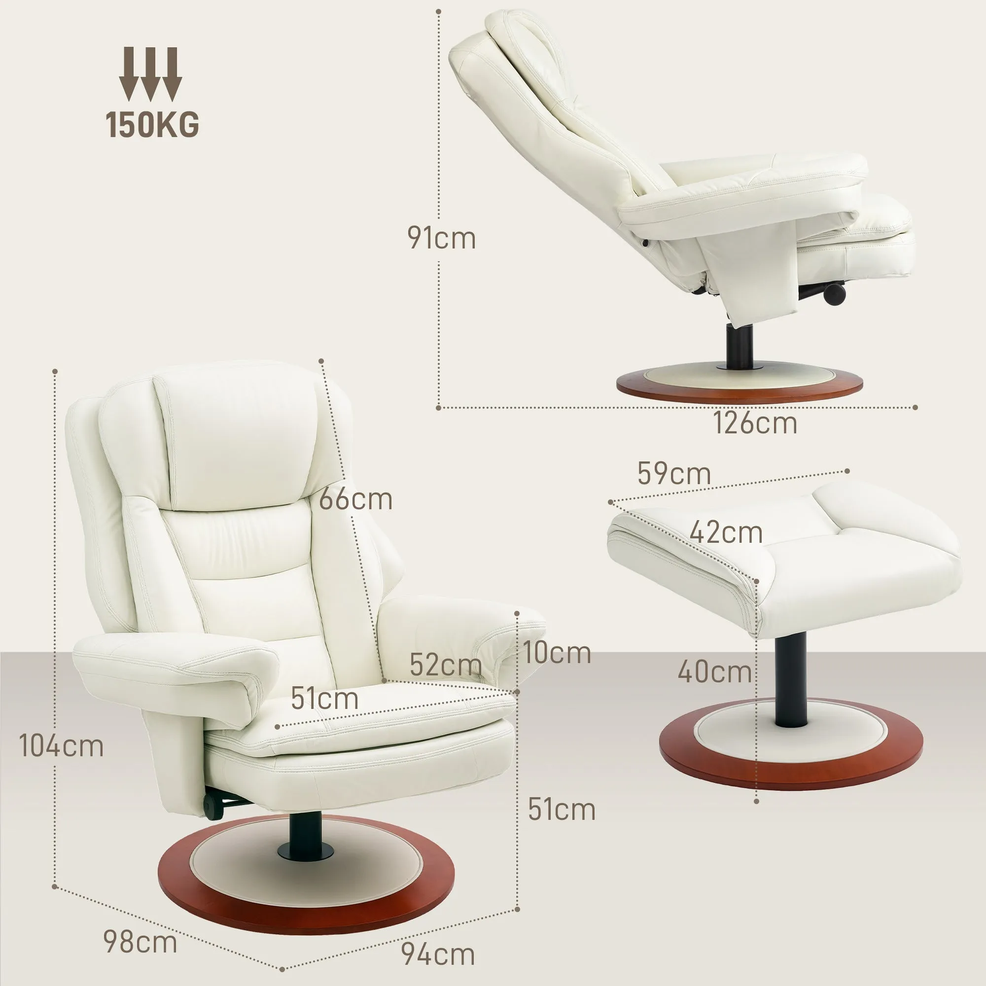 Rootz Reclining Chair with Stool - Lounge Chair - TV Chair - Ergonomic Luxury - 94cm x 98cm x 104cm - White - Faux Leather