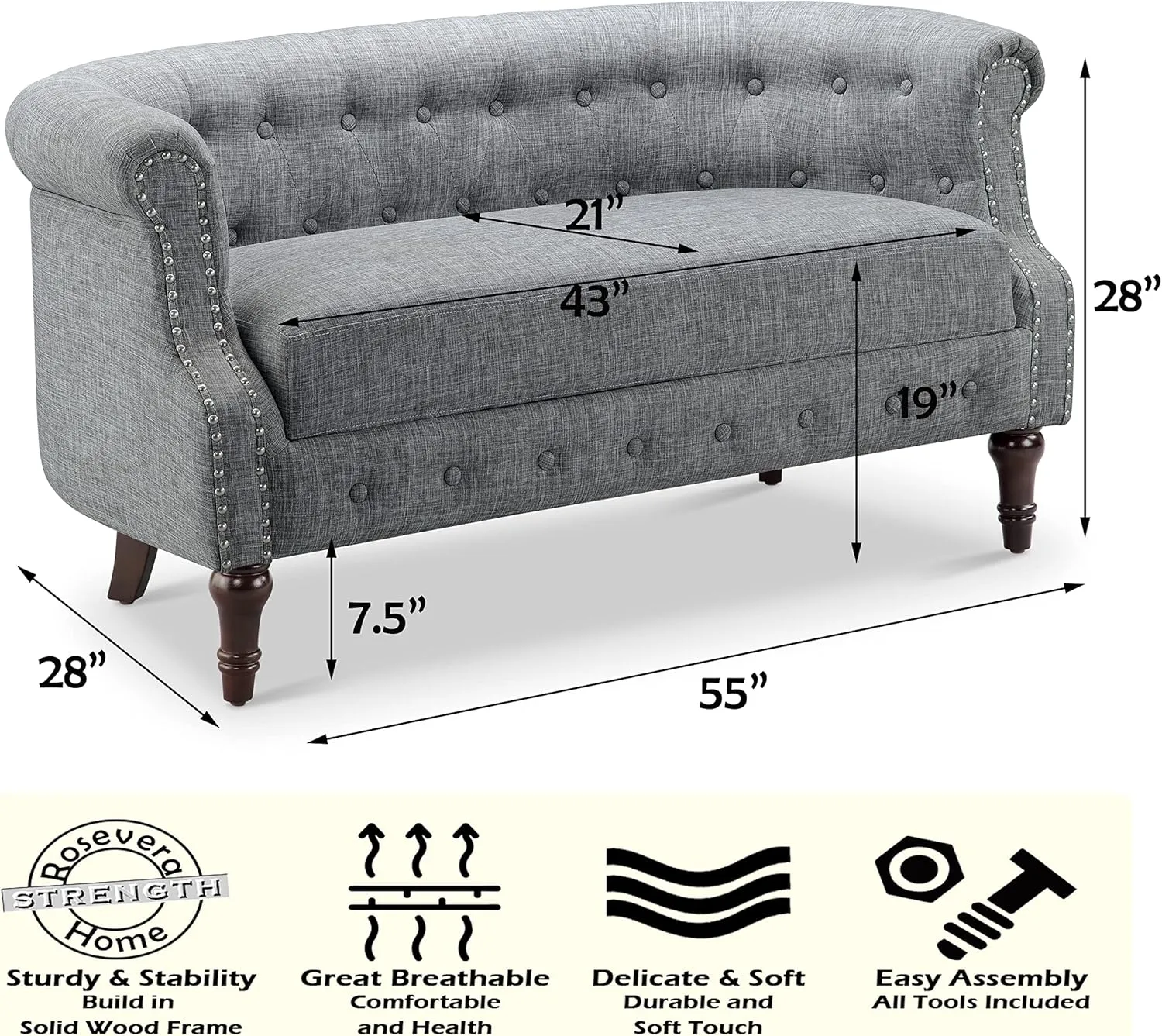 Rosevera Loveseat Sofa for Living Room - Long Couch in a Box - Love Seat Furniture - Small Area Couches