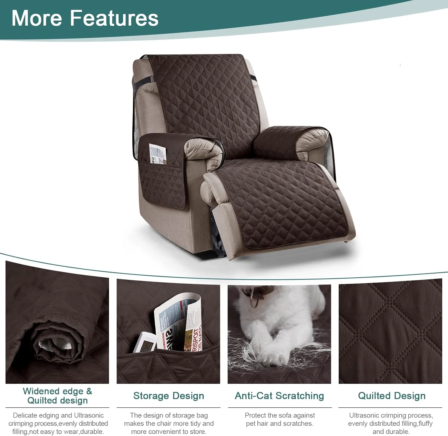 Ruaozz 100% Waterproof Recliner Chair Cover Non-Slip Reclining Cover for Recliner Chair Washable Chair Seat Cover with Elastic Straps for Kids, Dogs, Pets (Chocolate, 23'')
