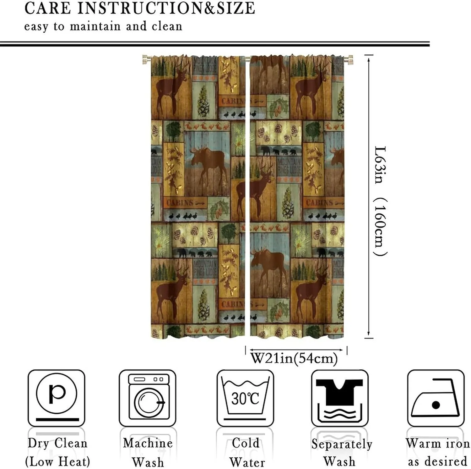 Rustic Moose Deer Curtain, Retro Rustic Vintage Bear Cottage Country Style Rustic Cabin Mountain Farmhouse Windows Curtain for Study Bedroom Living Room 42x63in