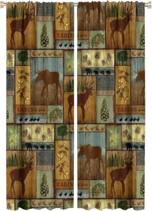 Rustic Moose Deer Curtain, Retro Rustic Vintage Bear Cottage Country Style Rustic Cabin Mountain Farmhouse Windows Curtain for Study Bedroom Living Room 42x63in