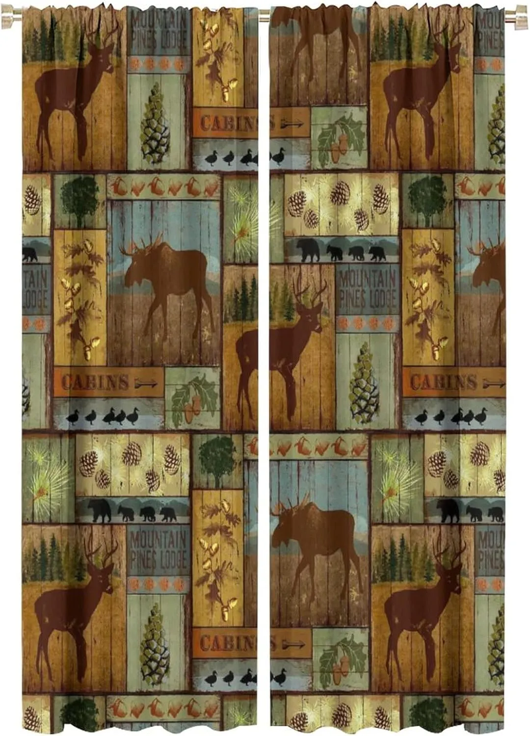 Rustic Moose Deer Curtain, Retro Rustic Vintage Bear Cottage Country Style Rustic Cabin Mountain Farmhouse Windows Curtain for Study Bedroom Living Room 42x63in