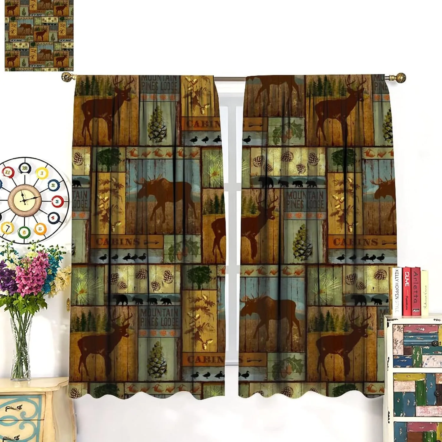 Rustic Moose Deer Curtain, Retro Rustic Vintage Bear Cottage Country Style Rustic Cabin Mountain Farmhouse Windows Curtain for Study Bedroom Living Room 42x63in