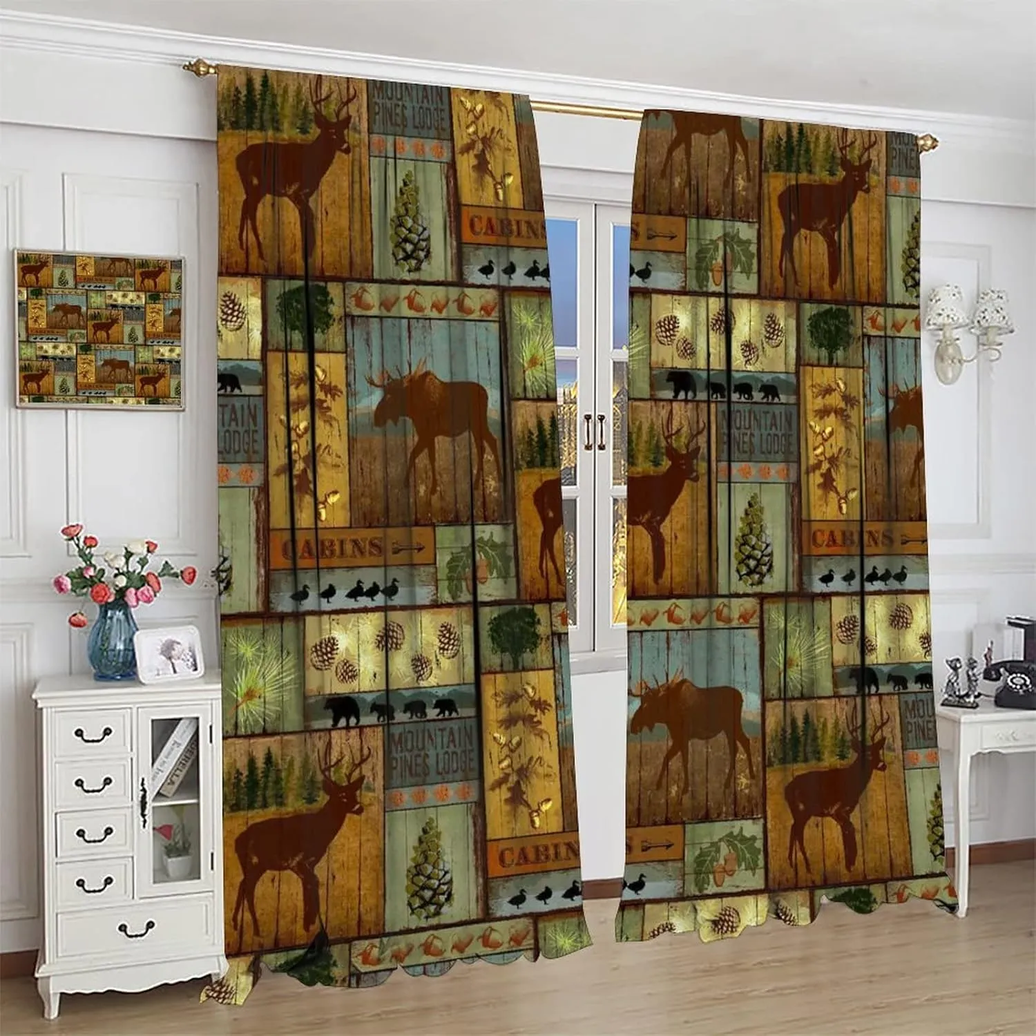 Rustic Moose Deer Curtain, Retro Rustic Vintage Bear Cottage Country Style Rustic Cabin Mountain Farmhouse Windows Curtain for Study Bedroom Living Room 42x63in