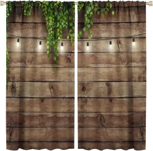 Rustic Wooden Board Door Curtain,Vintage Farmhouse Country Wood Plank Green Leaves Room Darkening Door Window Rod Pocket Curtain for Living Room Bedroom Bathroom W42xL45in