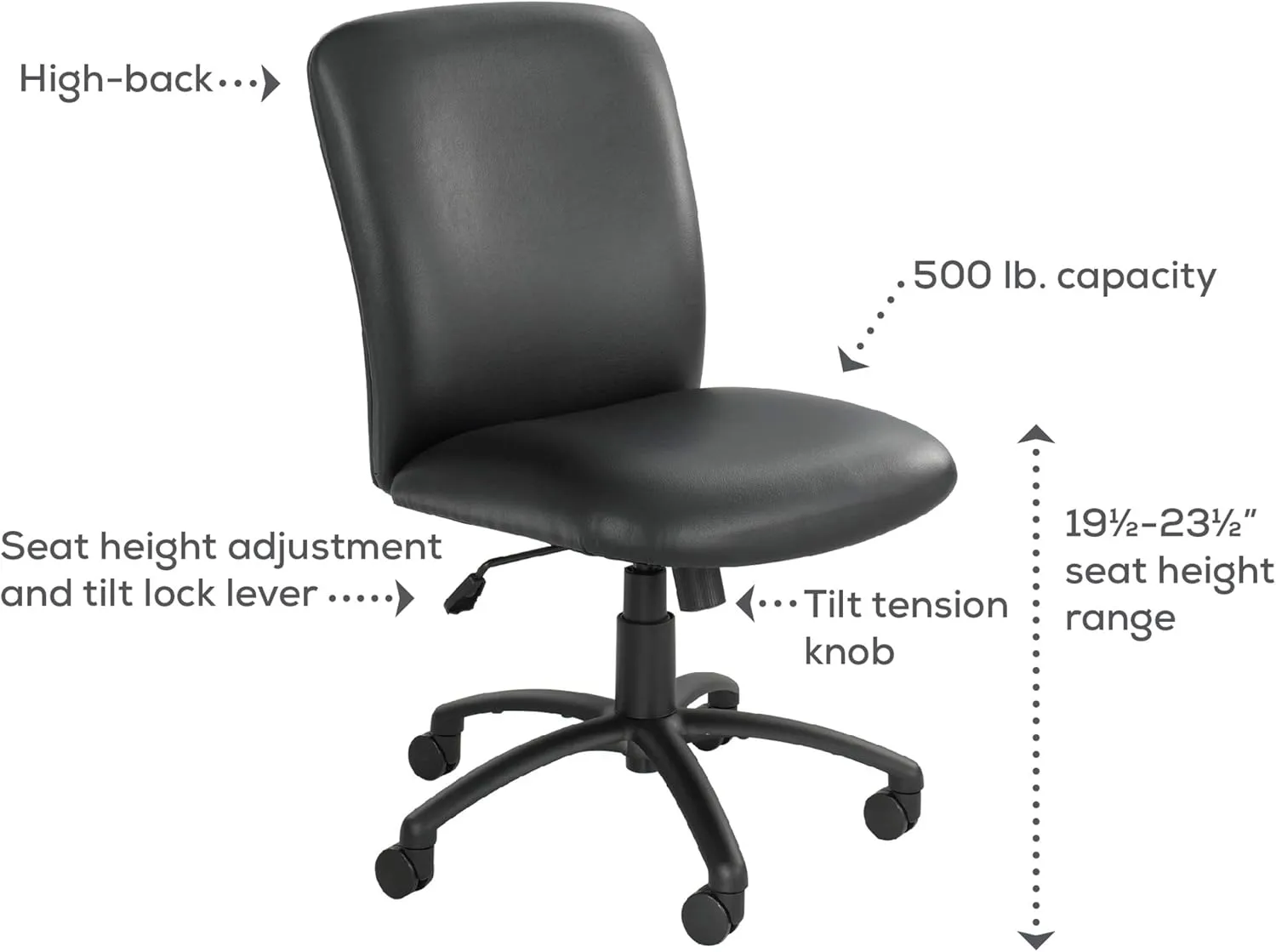 Safco Products High Back Big and Tall Swivel Desk Task Office Chair, 27" W x 30-1/4"D x 40-3/4-44-3/4" H, 500 lbs. Weight Capacity, for Professional or Home, Black Vinyl