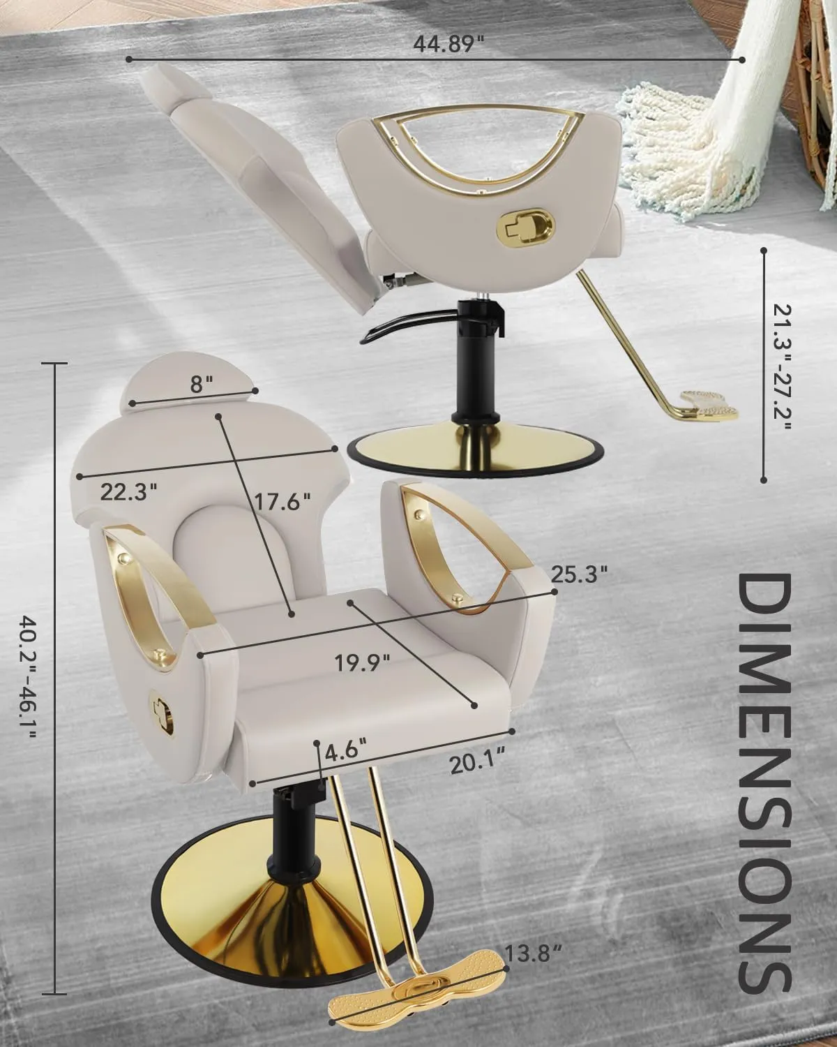 Salon Barber Chair, Reclining Salon Chair for Hair Stylist, Hair Salon Chair with Heavy Duty Hydraulic Pump, 360 Swivel Styling Braiding Hairdresser Chair for Home Barbershop, Gray Gold