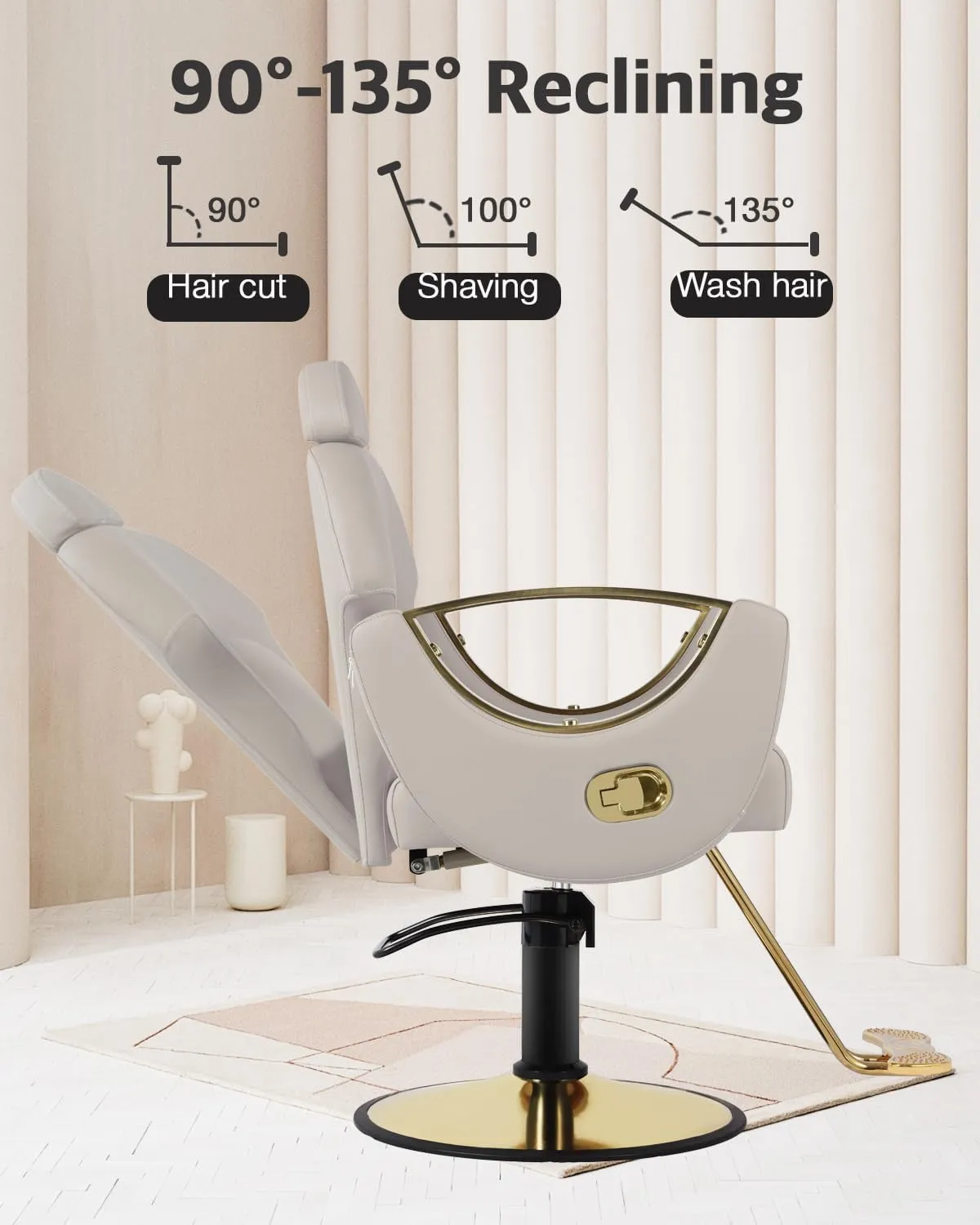 Salon Barber Chair, Reclining Salon Chair for Hair Stylist, Hair Salon Chair with Heavy Duty Hydraulic Pump, 360 Swivel Styling Braiding Hairdresser Chair for Home Barbershop, Gray Gold