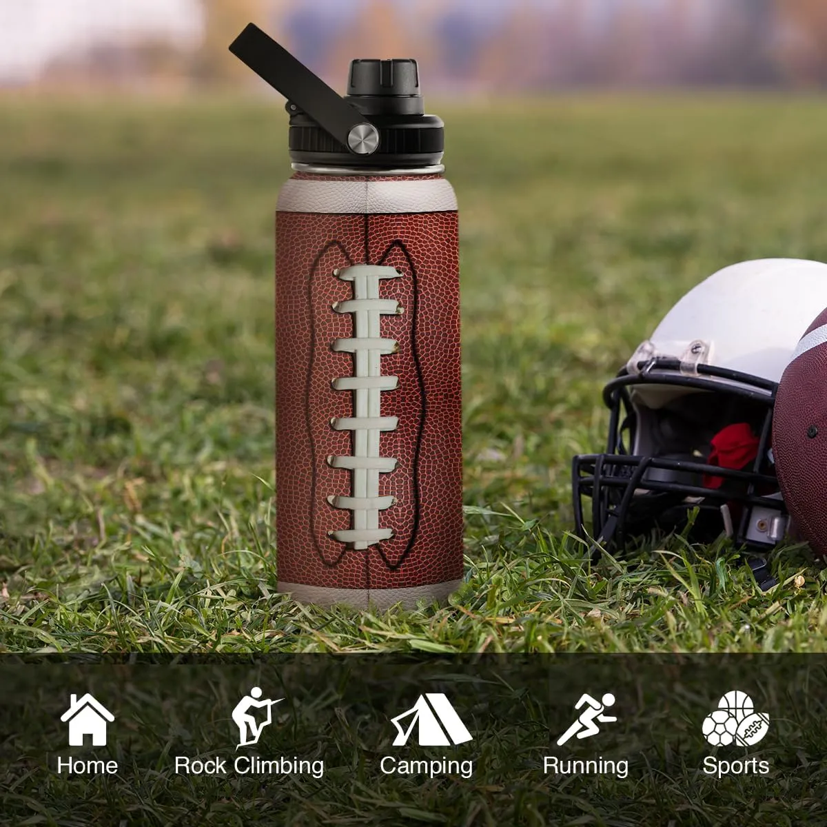 SANDJEST Football Water Bottle 32oz Stainless Steel Insulated Bottles for Men Boys Sports Lovers Fan Players Coach - Softball Gifts for Birthday Christmas