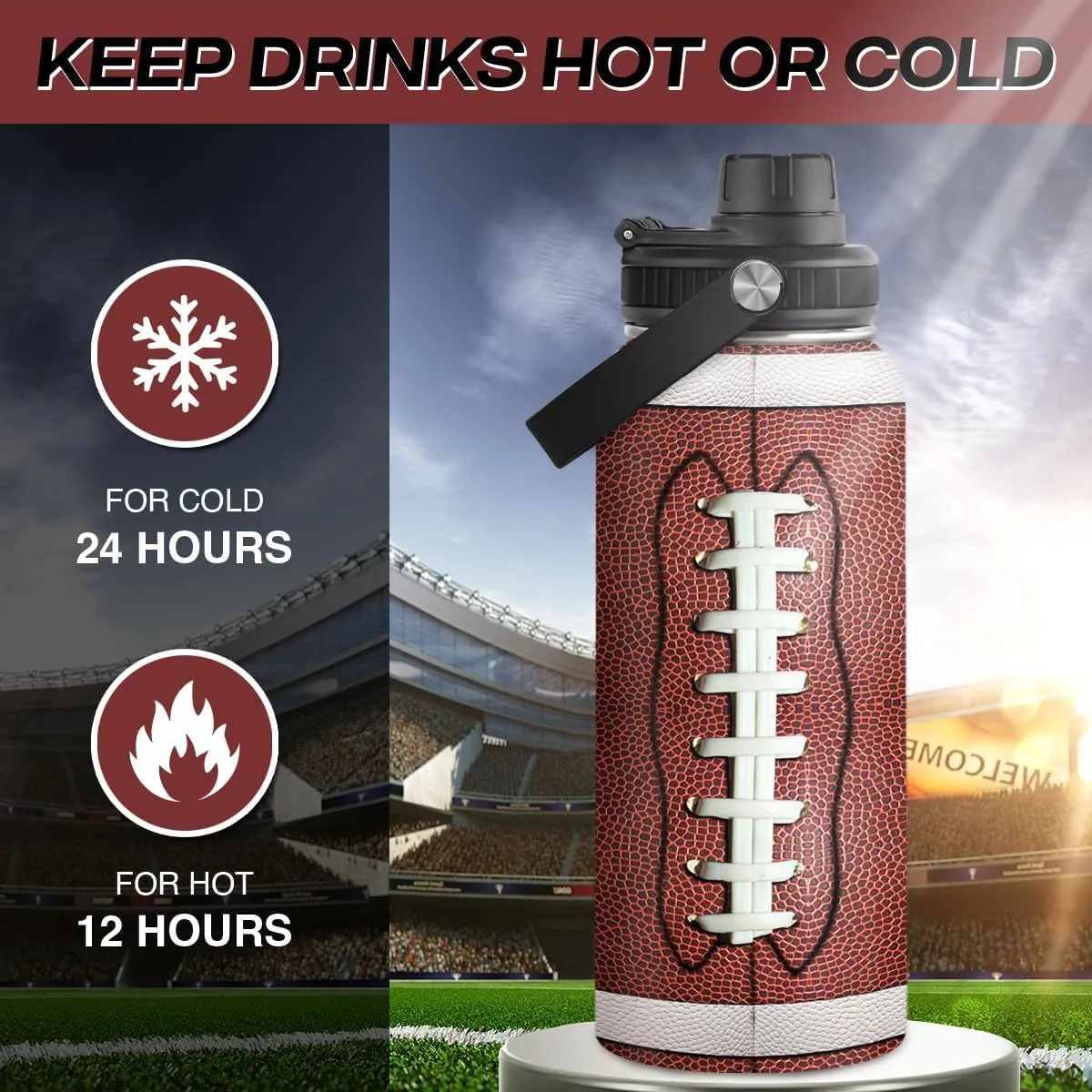 SANDJEST Football Water Bottle 32oz Stainless Steel Insulated Bottles for Men Boys Sports Lovers Fan Players Coach - Softball Gifts for Birthday Christmas