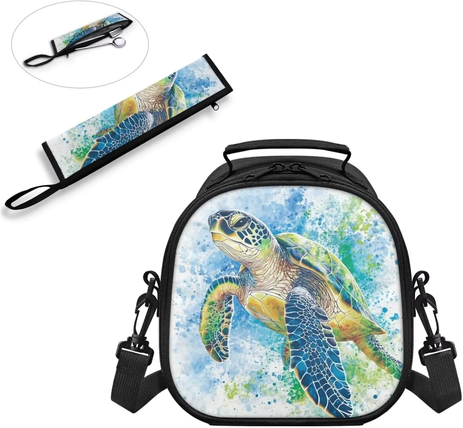 Sea Turtle Lunch Bag with Tableware Carrying Bag for Picnic Camping Utensils Durable Removable Shoulder Kid Lunch Box Containers and Flatware Case for School