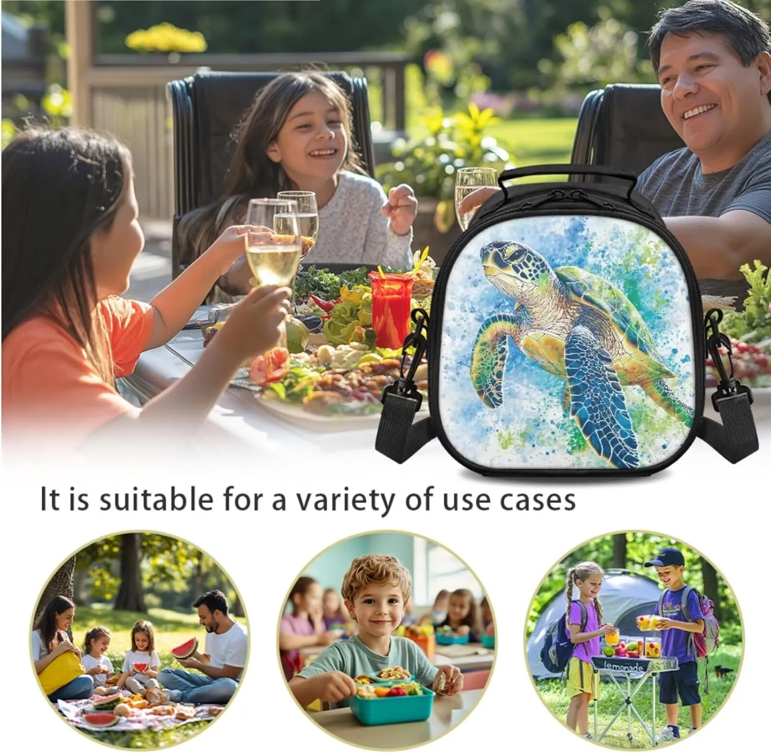 Sea Turtle Lunch Bag with Tableware Carrying Bag for Picnic Camping Utensils Durable Removable Shoulder Kid Lunch Box Containers and Flatware Case for School