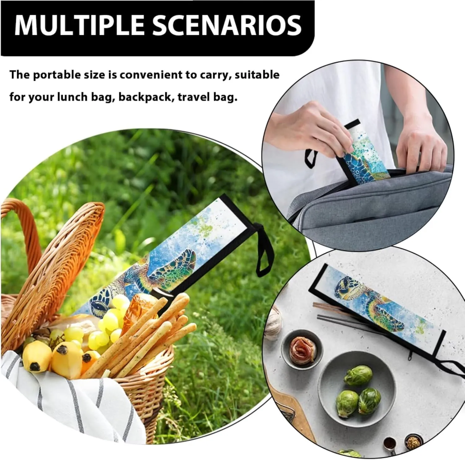 Sea Turtle Lunch Bag with Tableware Carrying Bag for Picnic Camping Utensils Durable Removable Shoulder Kid Lunch Box Containers and Flatware Case for School