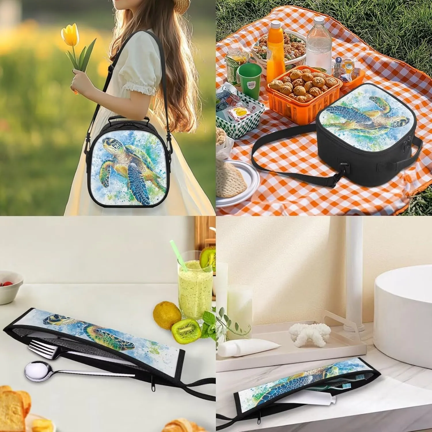 Sea Turtle Lunch Bag with Tableware Carrying Bag for Picnic Camping Utensils Durable Removable Shoulder Kid Lunch Box Containers and Flatware Case for School