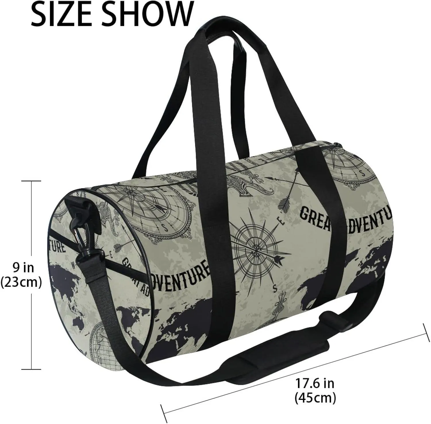 Seamless Retro Globe, Compass, World Map, Wind Rose Big Adventure Duffel Bag, Foldable Canvas Travel Tote for Gym Sports with Inner Pockets, Durable Lightweight Fitness Bag for Overnight Workout