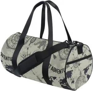 Seamless Retro Globe, Compass, World Map, Wind Rose Big Adventure Duffel Bag, Foldable Canvas Travel Tote for Gym Sports with Inner Pockets, Durable Lightweight Fitness Bag for Overnight Workout
