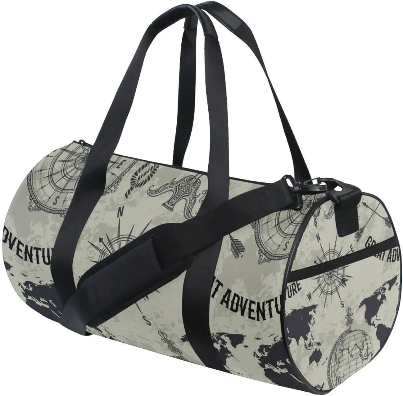 Seamless Retro Globe, Compass, World Map, Wind Rose Big Adventure Duffel Bag, Foldable Canvas Travel Tote for Gym Sports with Inner Pockets, Durable Lightweight Fitness Bag for Overnight Workout