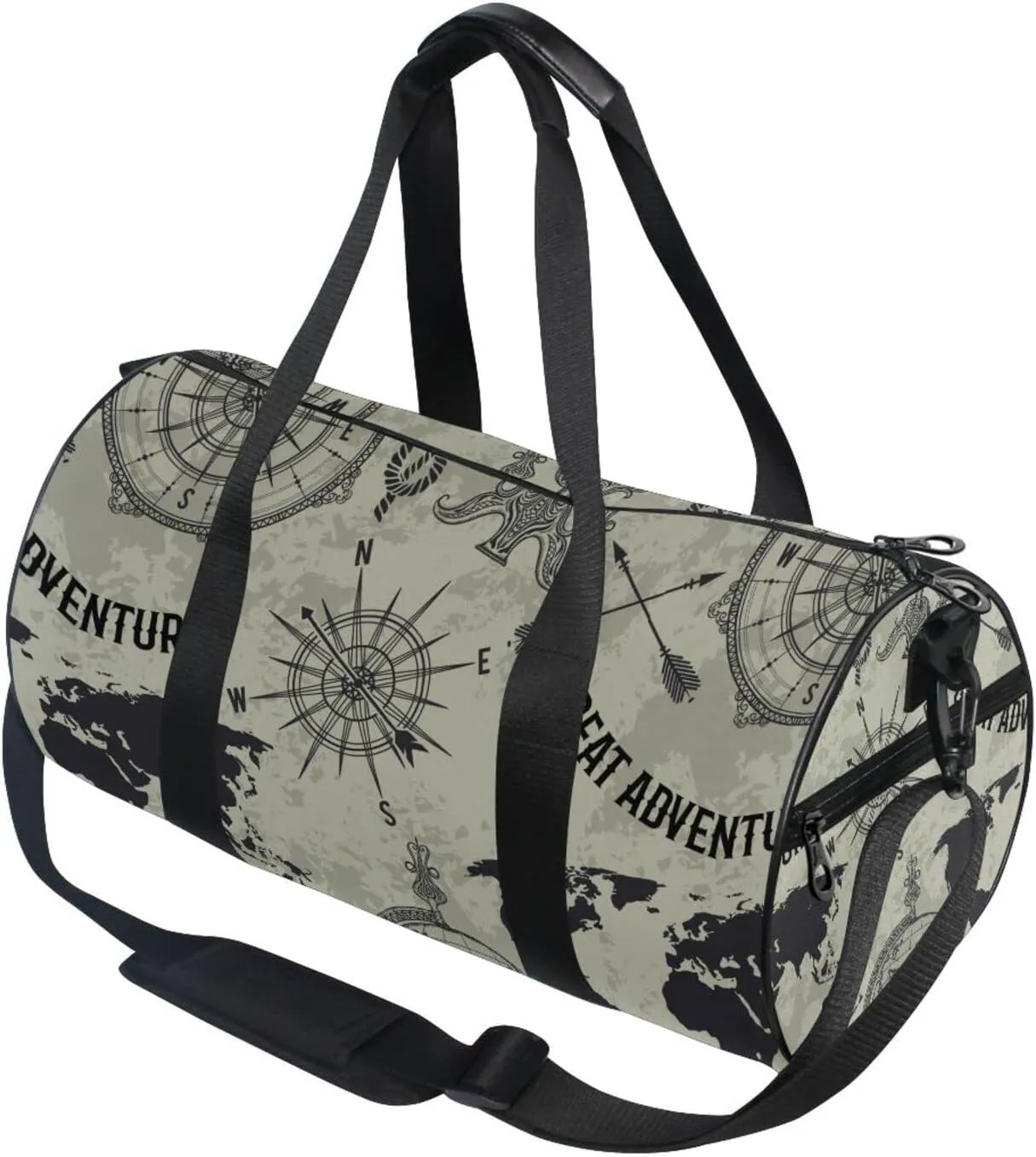 Seamless Retro Globe, Compass, World Map, Wind Rose Big Adventure Duffel Bag, Foldable Canvas Travel Tote for Gym Sports with Inner Pockets, Durable Lightweight Fitness Bag for Overnight Workout