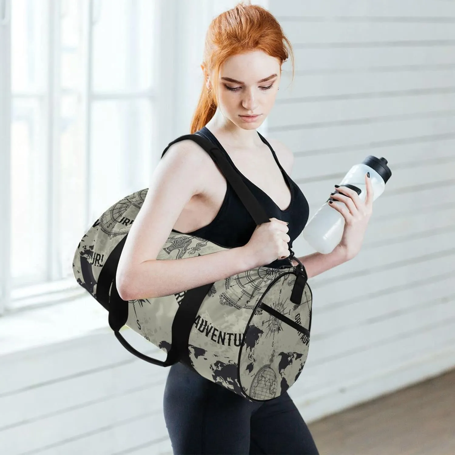 Seamless Retro Globe, Compass, World Map, Wind Rose Big Adventure Duffel Bag, Foldable Canvas Travel Tote for Gym Sports with Inner Pockets, Durable Lightweight Fitness Bag for Overnight Workout