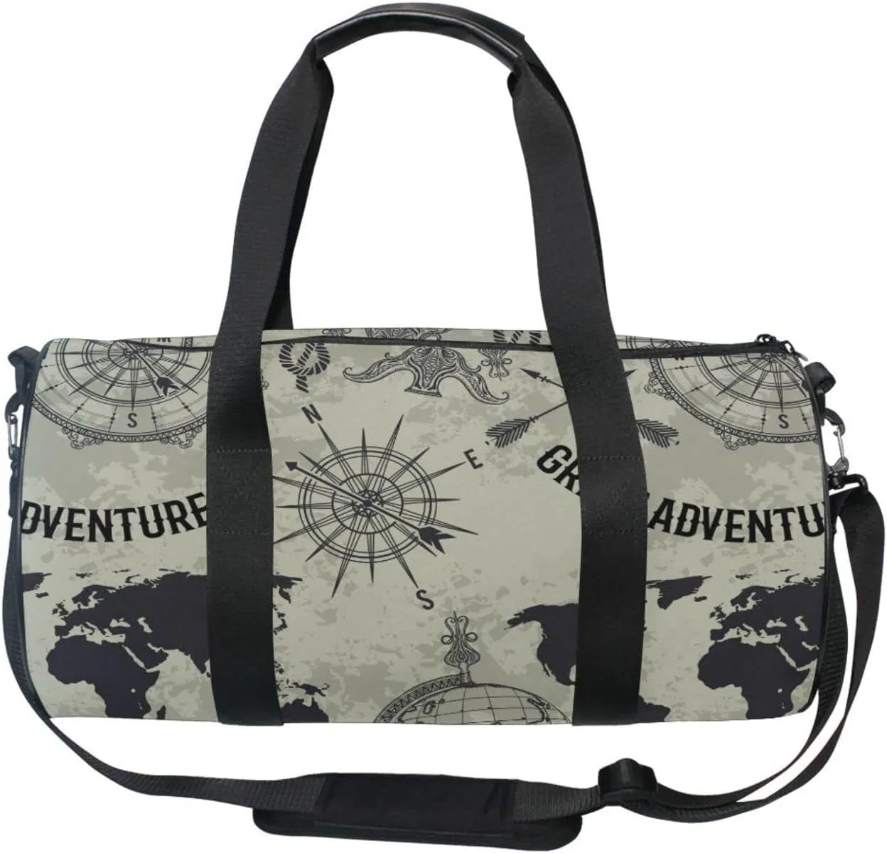 Seamless Retro Globe, Compass, World Map, Wind Rose Big Adventure Duffel Bag, Foldable Canvas Travel Tote for Gym Sports with Inner Pockets, Durable Lightweight Fitness Bag for Overnight Workout