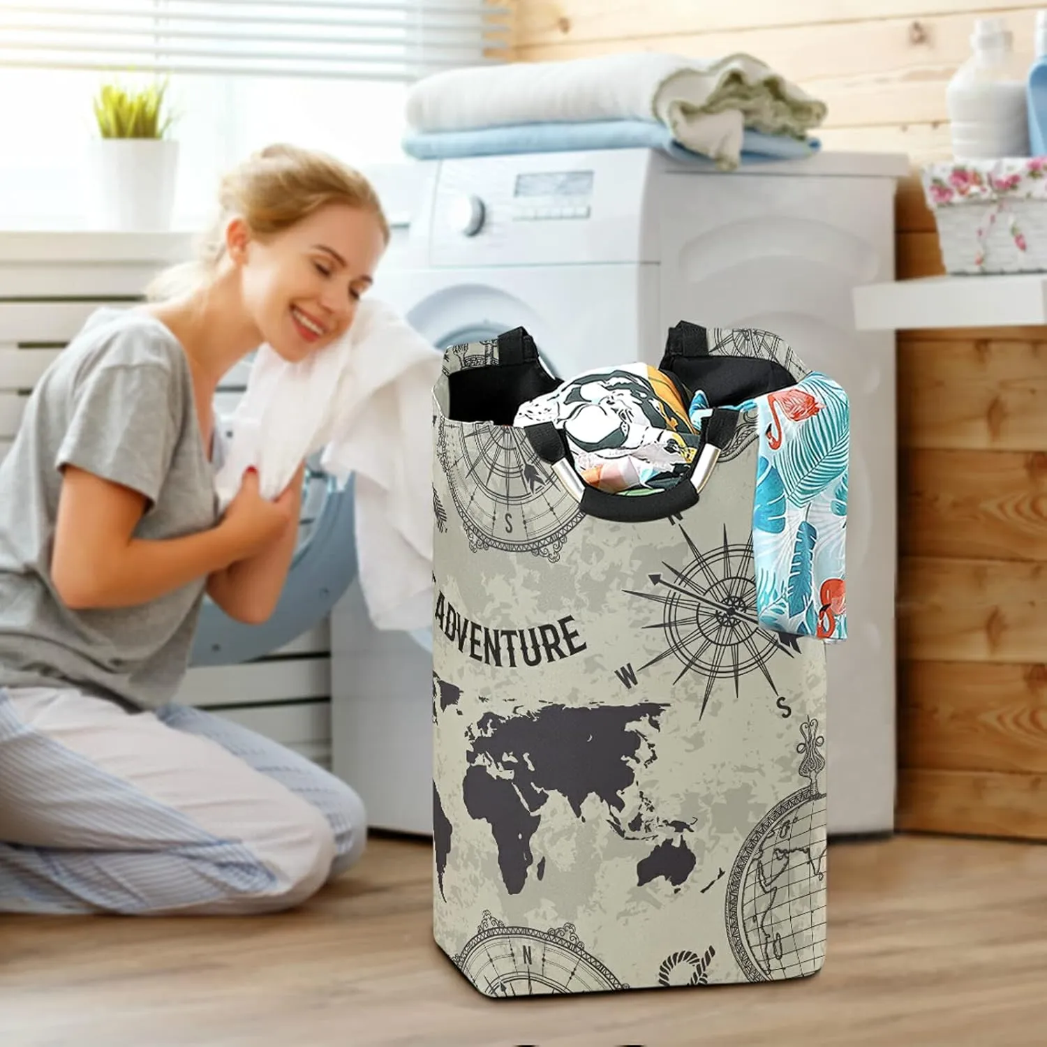 Seamless Retro Globe, Compass, World Map, Wind Rose Big Adventure Laundry Hamper Basket Bucket, Foldable Dirty Clothes Bag, Waterproof Fabric Washing Bin, Toy Storage with Handles for Bathroom
