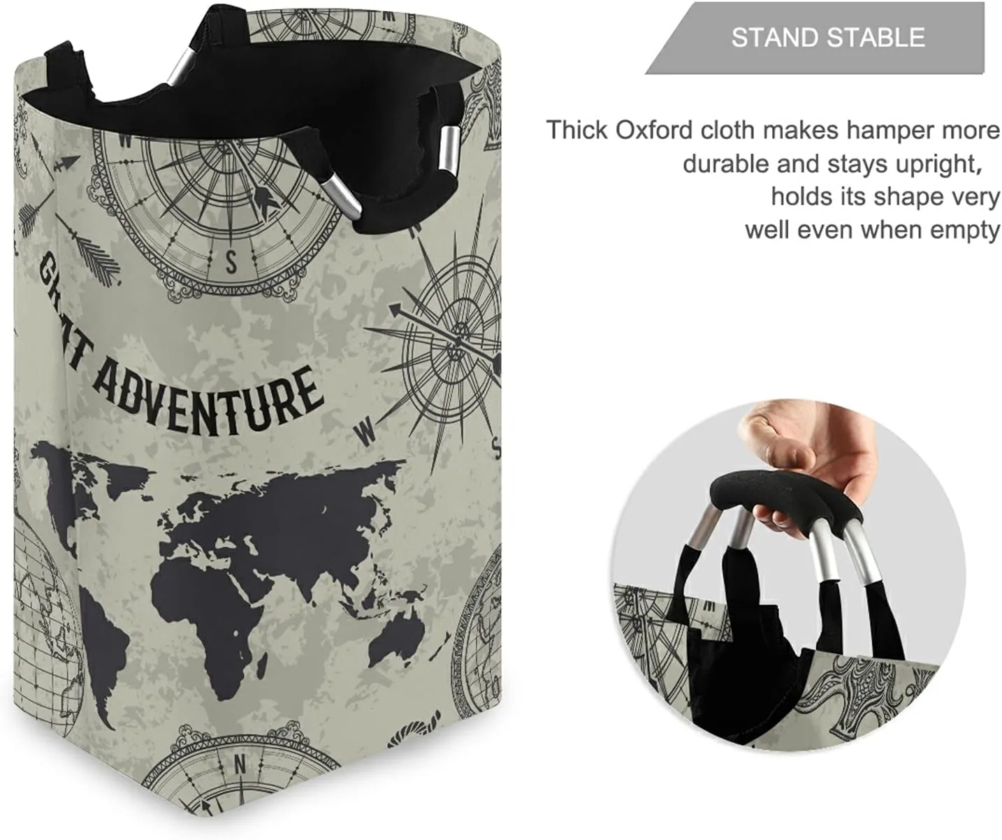 Seamless Retro Globe, Compass, World Map, Wind Rose Big Adventure Laundry Hamper Basket Bucket, Foldable Dirty Clothes Bag, Waterproof Fabric Washing Bin, Toy Storage with Handles for Bathroom