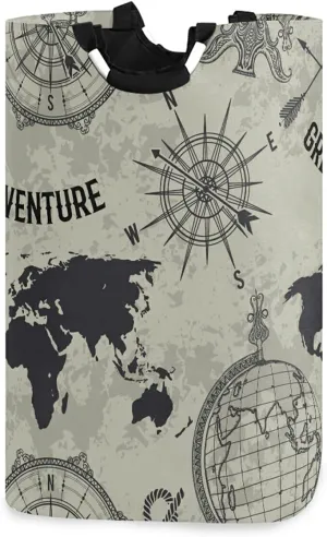 Seamless Retro Globe, Compass, World Map, Wind Rose Big Adventure Laundry Hamper Basket Bucket, Foldable Dirty Clothes Bag, Waterproof Fabric Washing Bin, Toy Storage with Handles for Bathroom