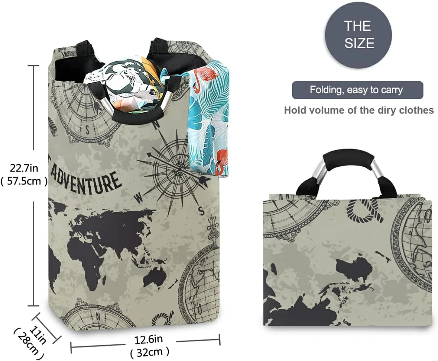 Seamless Retro Globe, Compass, World Map, Wind Rose Big Adventure Laundry Hamper Basket Bucket, Foldable Dirty Clothes Bag, Waterproof Fabric Washing Bin, Toy Storage with Handles for Bathroom
