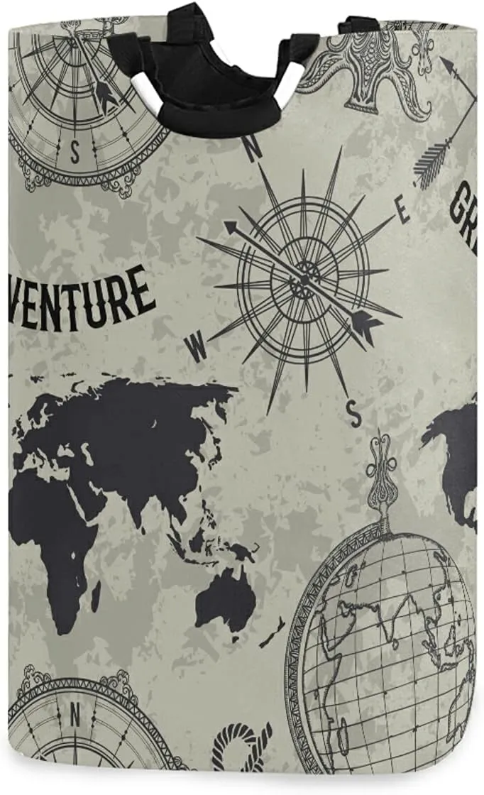 Seamless Retro Globe, Compass, World Map, Wind Rose Big Adventure Laundry Hamper Basket Bucket, Foldable Dirty Clothes Bag, Waterproof Fabric Washing Bin, Toy Storage with Handles for Bathroom