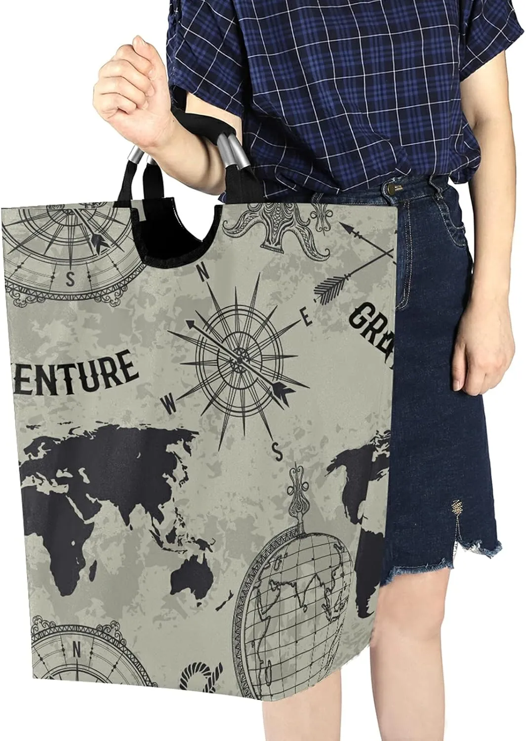 Seamless Retro Globe, Compass, World Map, Wind Rose Big Adventure Laundry Hamper Basket Bucket, Foldable Dirty Clothes Bag, Waterproof Fabric Washing Bin, Toy Storage with Handles for Bathroom