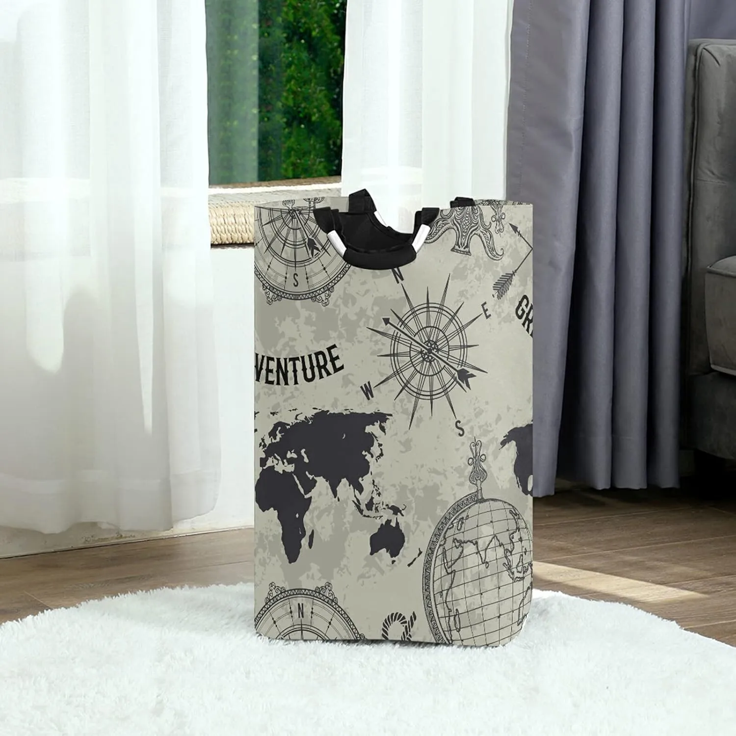 Seamless Retro Globe, Compass, World Map, Wind Rose Big Adventure Laundry Hamper Basket Bucket, Foldable Dirty Clothes Bag, Waterproof Fabric Washing Bin, Toy Storage with Handles for Bathroom