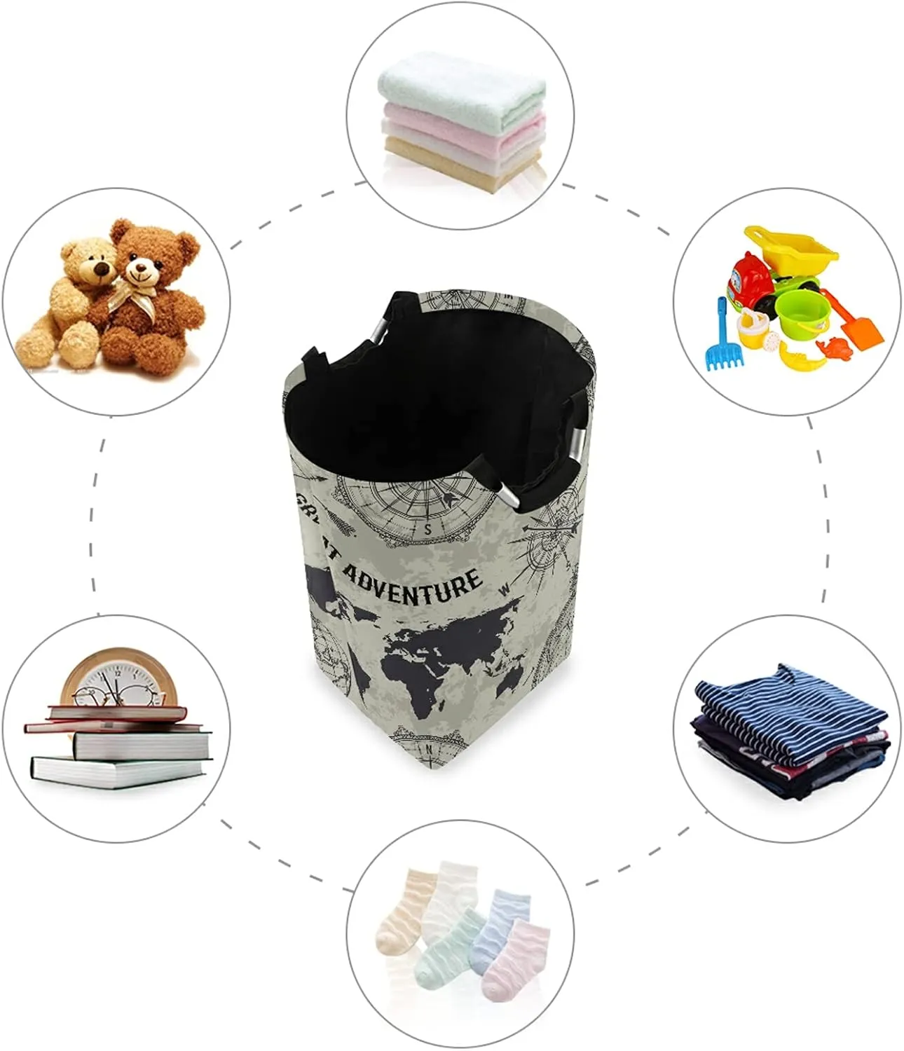 Seamless Retro Globe, Compass, World Map, Wind Rose Big Adventure Laundry Hamper Basket Bucket, Foldable Dirty Clothes Bag, Waterproof Fabric Washing Bin, Toy Storage with Handles for Bathroom