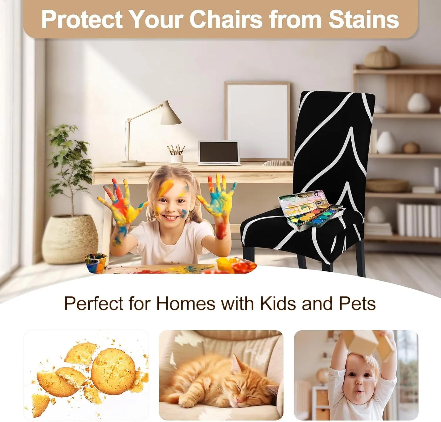 SearchI Dining Room Chair Covers Set of 4, Stretch Parsons Chair Slipcovers Super Fit Spandex Removable Washable Kitchen Chair Protector Cover for Dining Room, Hotel, Ceremony (Black)
