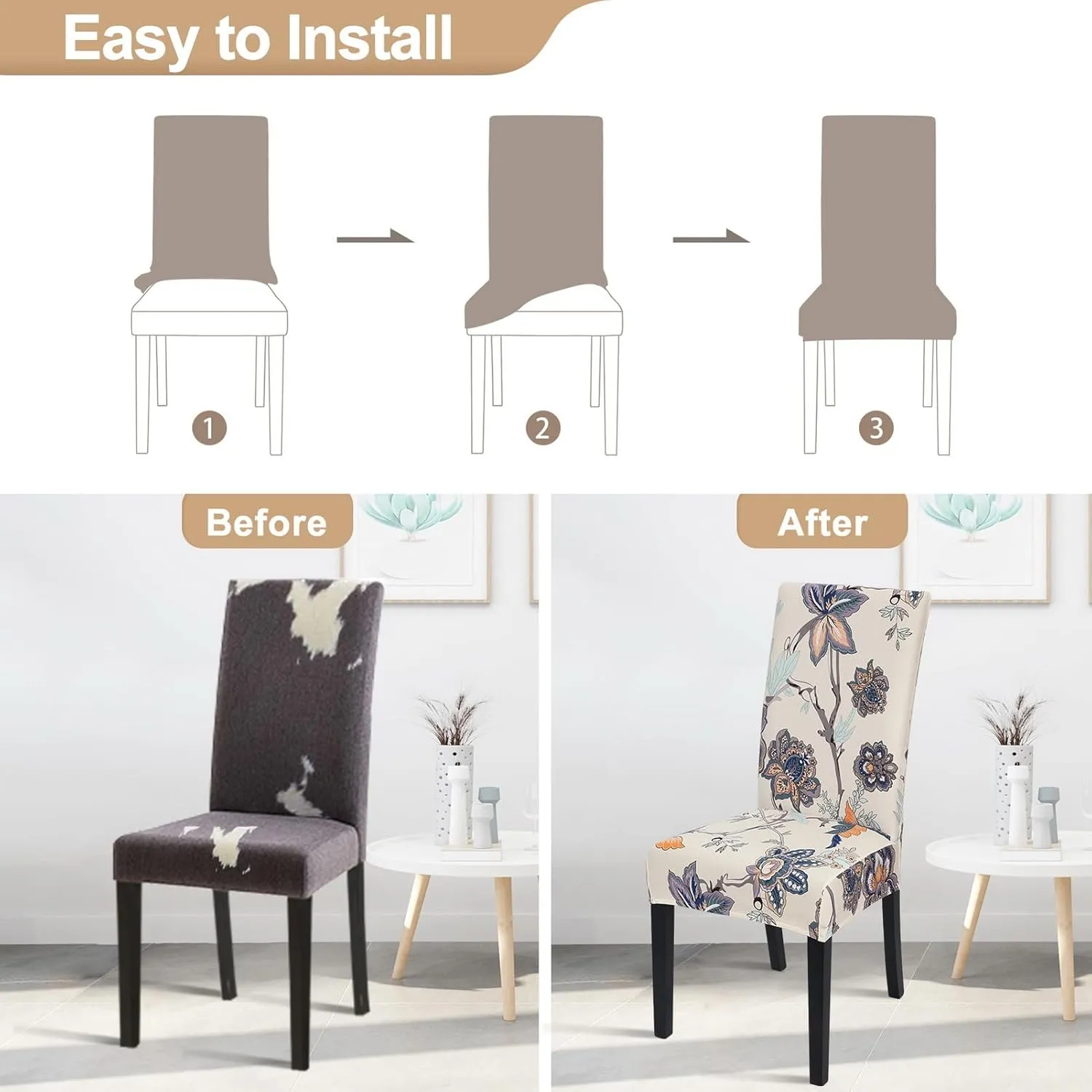 SearchI Dining Room Chair Covers Set of 4, Stretch Printed Floral Parsons Chair Slipcovers Spandex Removable Washable Kitchen Chair Protector Cover for Dining Room, Hotel, Ceremony (Beige Flower)