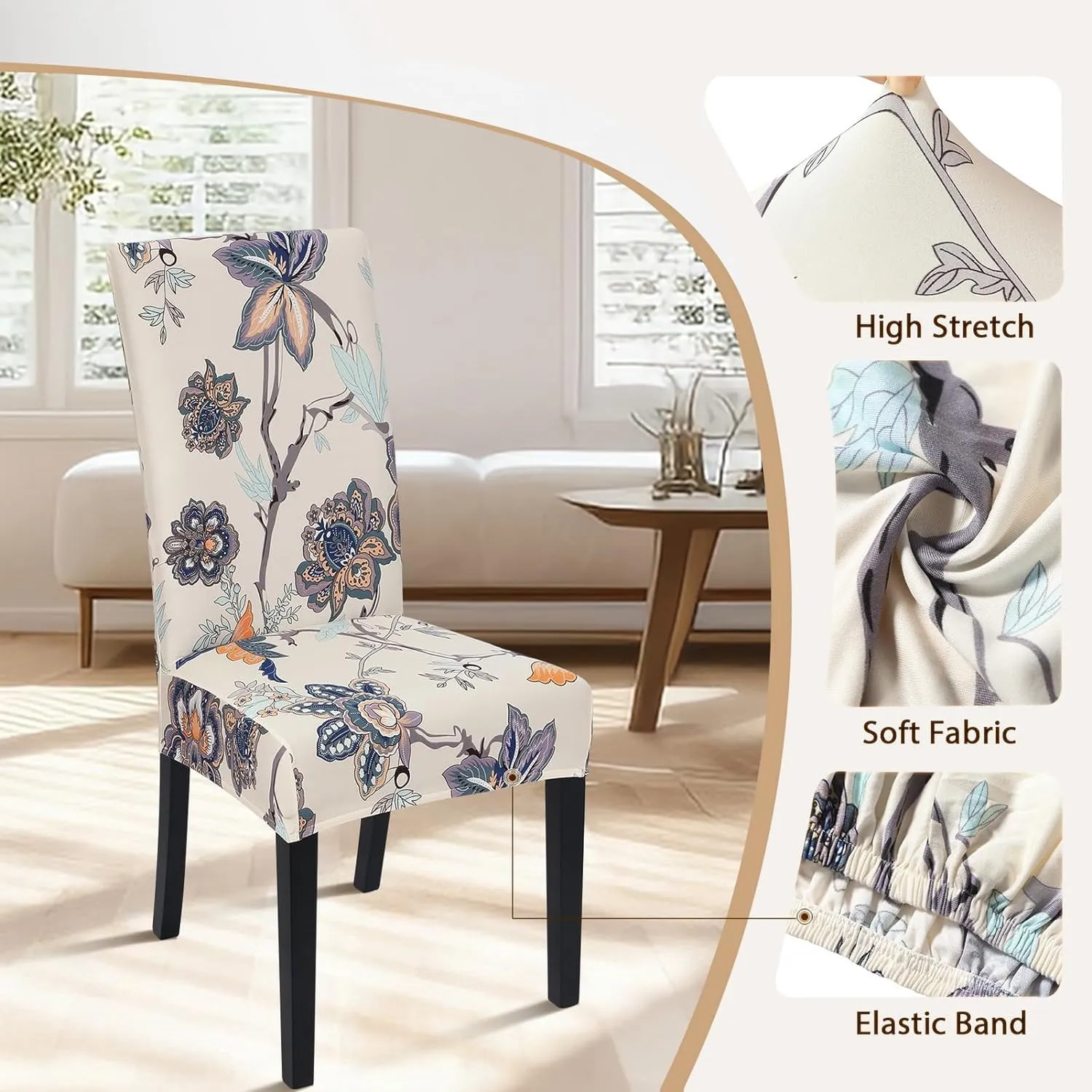 SearchI Dining Room Chair Covers Set of 4, Stretch Printed Floral Parsons Chair Slipcovers Spandex Removable Washable Kitchen Chair Protector Cover for Dining Room, Hotel, Ceremony (Beige Flower)