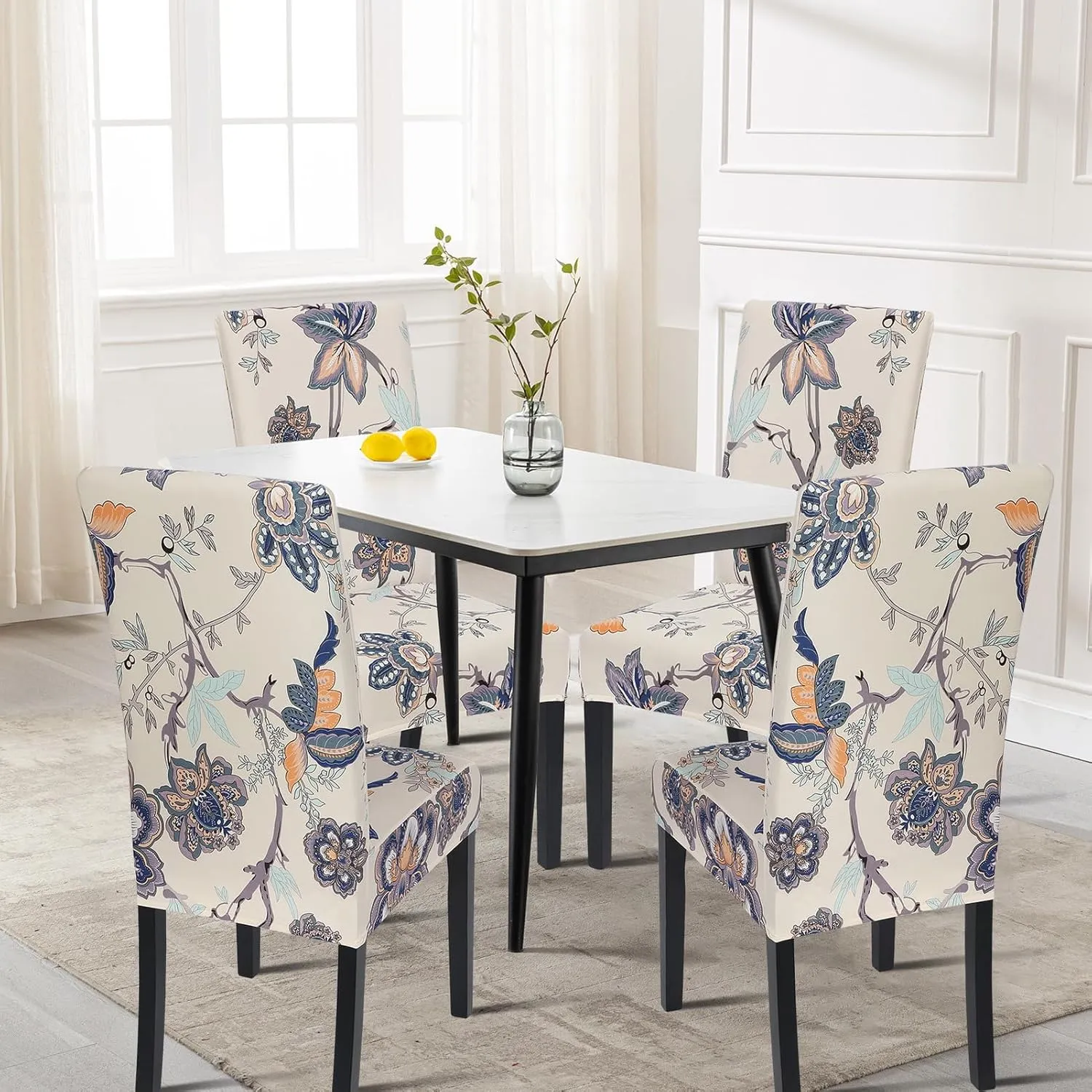 SearchI Dining Room Chair Covers Set of 4, Stretch Printed Floral Parsons Chair Slipcovers Spandex Removable Washable Kitchen Chair Protector Cover for Dining Room, Hotel, Ceremony (Beige Flower)