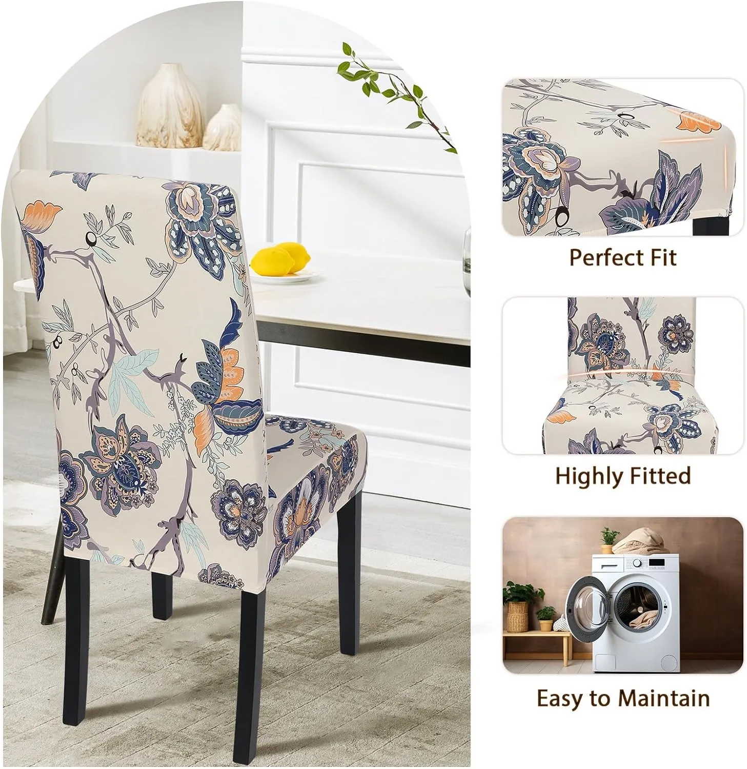 SearchI Dining Room Chair Covers Set of 4, Stretch Printed Floral Parsons Chair Slipcovers Spandex Removable Washable Kitchen Chair Protector Cover for Dining Room, Hotel, Ceremony (Beige Flower)