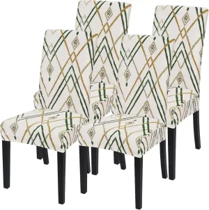 SearchI Dining Room Chair Covers Set of 4, Stretch Printed Kitchen Chair Slipcovers Removable Washable Parsons Chair Covers Protector for Dining Room, Hotel, Ceremony (Beige-Green Stripe)
